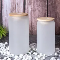 Tazas de vidrio de sublimación con tapa de bambú paja en blanco de bricolaje esmerilado de tazas en forma de lata tazas transferencia de calor de 12 oz/16 oz gafas de whisky de sodio