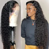 36 inç uzunluğunda derin dalga brezilya insan saç perukları şeffaf sentetik kıvırcık dantel ön peruk kadınlar için