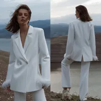White Bridesmaid Dresses for Women 2 Pieces Blazer Suits with Feathers Jacket Pants Loose Casual Office Daily Suit
