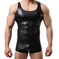 Erkek yelekler erkekler seksi düz renk kolsuz düşük kesimli sahte deri ince yelek spor tankı üst stra22