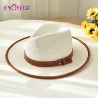 ENJOYFUR Womens Summer Panama Hats Wide Brim Straw Sun Hat Beach Hat For Men Fashion UPF UV Protection Fes Cap For Travel 220615