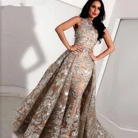 Long Grey Champagne Lace Mermaid High Neck Arabic Prom Dresses kaftan Dubai Formal Evening Gowns with Detachable Skirt198I