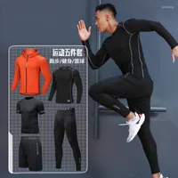 Men's Tracksuits Fitness Suit Men Training Morning Run Basketball Outdoor Windproof Breathable Tight Glow-in-the-dark Five Piece SuitMen's