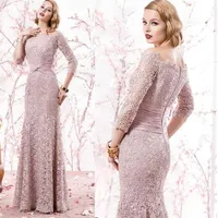 2019 New Pink Elegant Full Lace Mermaid Mother of the Bridal Dresses Off Shoulders 3 4 Sleeves Ruched Ribbon Long Prom Evening Gow233u