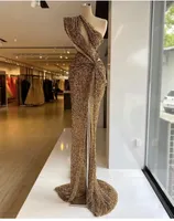 2022 One Shoulder Gold Squined Evening Dreess Crystal Bead Beaded High Side Split 공식 무도회 가운 맞춤형 Made Plus Size Party Party Dress