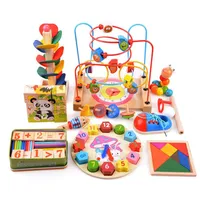 14pcs set Wooden Counting Three-Dimensional Jigsaw Round Circles Bead Wire Maze Roller Coaster Toy Child Baby Early Educational To275B