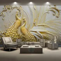 Dropship Custom Mural Wallpaper For Walls 3D Stereoscopic Embossed Golden Peacock Background Wall Painting Living Room Bedroom Hom179I