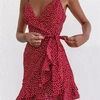 DICLOUD Summer Red Short Wrap Dress For Women Boho Sexy Printed Spaghetti Strap Light Beach Sundress Party Female Clothing 220509