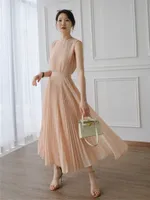 Verão japonês e coreano Novo francês primeiro amor retro vestido vestido de saia longa plissada rosa