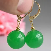 2 Paar Neue Mode Hübsch 10mm Grüne Jade Runde Perlen 18kgp Leverback Ohrringe