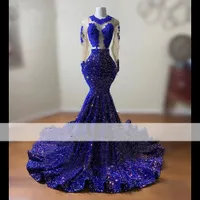 Royal Blue Seuqins Mermiad Prom klänningar 2022 Illusion Långärmad Svart flickor Backless Gala Evening Dress Robe de Soiree