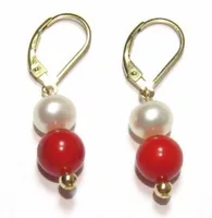 Fashion 7-8mm White Pearl & 8mm Red Jade Gems Gold Leverback Dangle Earrings