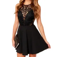 Fashion Women Sexy Sleeveless Lace Dress V Black Party Dresses Hollow Out Black Mini Dress Girl Dresses2181