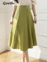 Skirts Qooth 2022 Summer Women's Solid Color A Line Midi Length Skirt Black Green Elegant High Waist QT1780Skirts