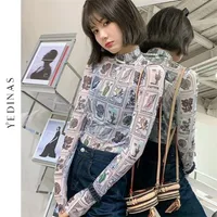 Yedinas Vintage Postage Stamp Print Mesh T Shirts Long Sleeve Korean Style Women Turtleneck See Through Fashion Tee Top 220518