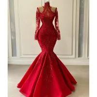 2022 Modest Modest Red Sereia vestidos de baile apliques frisados ​​vestido de noite longo feito com mangas completas vestido de festa formal