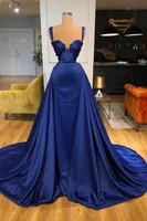 Fashion Royal Blue Satin Evening Dresses A Line Spaghetti Straps Sexy Backless Long Party Prom Gowns Women Formal Occasion Vestidos