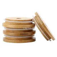 Couvercle de bambou couvercle en bois réutilisable Poids de pot Mason en bois 70 mm avec trou de paille et sceau de silicone pour les pots à boire en conserve DD