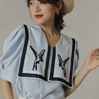 CHEERART Preppy Style Puff Sleeve Bird Embroidery Blouse Women Blue Summer Short Sleeve Sailor Collar Cute Designer Top 220527