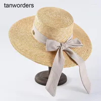 قبعات واسعة الحافة عرض القمح القمح القمح القمح القبعة نساء الشمس شاطئ البانما للسيدة Bowknot Ribbon Holiday Sombreros de sol Fedora Elob22