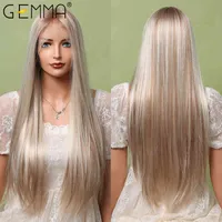 Gemma Long Straight Lace Wig Hight Platinum Blonde Front Synthetic Wigs для женщин 13*1 T Part Daily Cosplay Wig220511