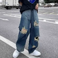 Koreansk version av ins hip-hop High Street Hipsters Distressed Old Ripped Straight Jeans Män Casual Wild Loose Wide-Ben Byxor G0104