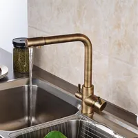 New Popular Retro Style Antique Brass Kitchen Faucet Two Waterout Long Swivel Spout Pure Water Purification Mixer216V