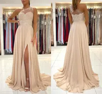 Champagne Chiffon One Shoulder Evening Prom Dresses A Line Sheer Straps Applices Long Bridesmaid Dresses With Split BC11218