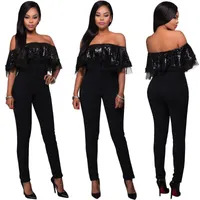 Women&#039;s Jumpsuits & Rompers Sequin Patchwork Ruffles One Piece Playsuit Sexy Black Gold Strapless Off Shoulder Lace Bodysuit Women Backless