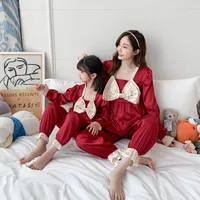 Silk Mom and Me Pijama Suit Autumn Long Sleeve Satin Family Matcing Pyjamas Set Soild Bowbutton Youth Girl Homewear Clothing J220816