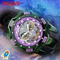 Grün lila gelbe Silberhülle Herren Uhr 50 mm Super großes Zifferblatt Hip Hop Style Multifunktional Uhr Gummi -Silikonband -Edelstein Armbanduhr