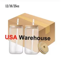 US Warehouse 12 onças 16oz 25oz Sublimação Canecas de cerveja de vidro Garrafa de água de vidro pode beber copos com tampa de bambu e palha reutilizável Tumblers de café gelado C0505