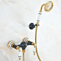 Bathroom Shower Sets Black Oil & Gold Brass Bath Faucets Set Wall Mounted Hand Held Head Kit Faucet Double Handles Kna504Bathroom