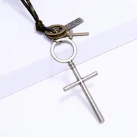 Big ring Jesus Cross Pendant Necklace Adjustable Chain Leather Necklaces for Women Men Punk Fashion Jewelry Gift