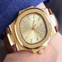 Mens Gold Watch PP Automatiska mekaniska klockor Diamond Wristwatch Leather Strap rostfritt stål Case Montre de Luxe Waterproof WR221P