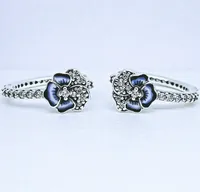 Blue Pansy Flower Hoop Earrings Earring jewelry 925 sterling Silver Women pandora earring with logo ale Gift 290775C01