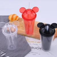 350ml 450ml 650ml Mouse Ear Tumblers Mouse Cup With Dome Lid Acrylic Cups Straws Double Walled Clear Travel Mugs Cute Child Kid Water Bottles