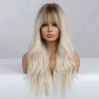 NXY Emmor Synthetic Ombre Blonde Platinum Wigs for Women with Bangs Long Wavy Wig Party Daily Heat Resistant Fibre Hair 220622