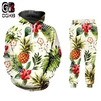 Ogkb Männer und Frauen Set 2 -Stück Hoodie T -Shirt Jacke Mode gedruckte Ananas Blume Streetwear Casual Oversize LJ201126