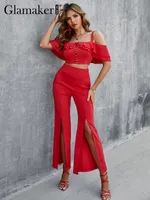 Glamaker Red sexy spaghetti strap off shoulder 2 piece sets Elastic waist high split pocket pant Summer cropped women 220602