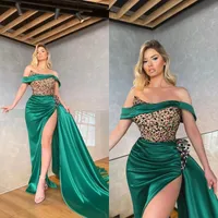 2022 Luxury Plus Size Arabo Aso EBI Hunter Green Prom Dresses Beaded Crystals High Laterale Spalato Piano Lunghezza Sera Partito Secondo Abiti da reception su misura B0408