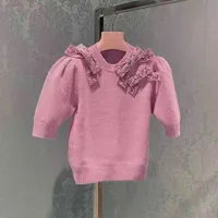 Frühlings- und Herbst neuer Pullover Französisch Süße rosa kurze Ärmel schwere Branchenbubble Bluse Frauen