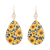 Böhmen Sonnenblume drucken Baumeln Ohrringe für Frauen Wassertropfen Leder Naturstein Luxus Schmuck Ohrringe Großhandel
