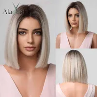 Nxy Wigs Alan Short Straight Bob Synthetic Wig for Women Platinum Blonde with Dark Roots Cosplay Highlight Hair Heat Resistant220701