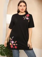 Women&#039;s Blouses & Shirts 4XL Plus Size Tops Women 2022 Summer Short Sleeve Floral Print Casual Tee Shirt Black Loose Oversized Long Blouse