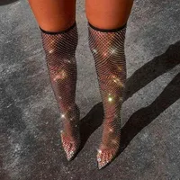 Sexy Women's Boots Over The Knee Boots Thigh High Botas Pointed Toe High Heels Shoes Female Crystal Fishnet Mesh Nightclub Sh2730