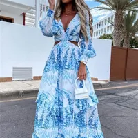 Women Boho Maxi Dress Summer Sexy VNeck Hollow Out Lantern Sleeve Party Club Dresses Backless Beach Cover Up Female Robe Dress 220809