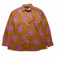 Europe USA Hawaii Beach Red Daisy Silk Floral Tee Allover Flower Print Spring Summer Cool Hip Hop Long Sleeve Casual Shirt