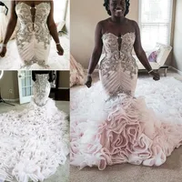 cascading ruffles crystal mermaid wedding dresses plus size sweetheart laceup corset african sparkly church wedding gown301I