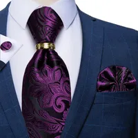 蝶ネクタイ豪華な紫色のシルクのためのファッションウェディングネックタイギフトアクセサリーカフリンクスハンカチリングセット